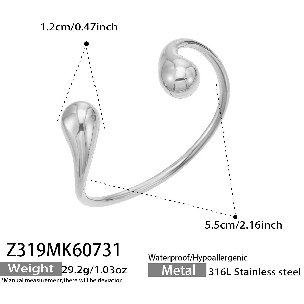 Thalassa Cuff in silver — size guide, 5.5cm inner width, 316L stainless steel