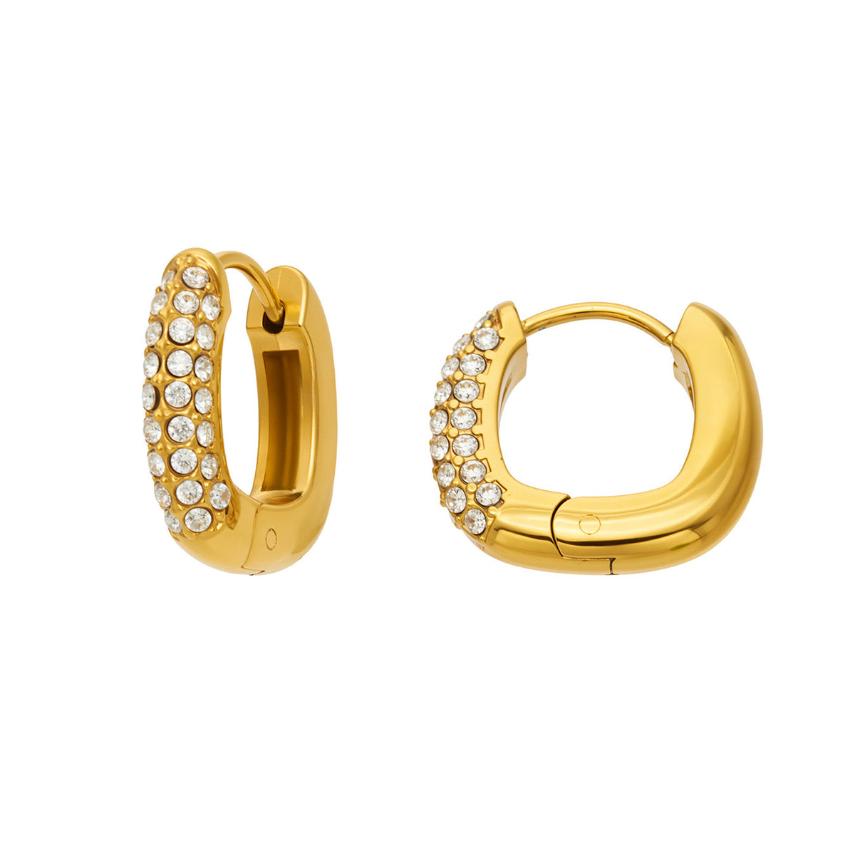 Selene pavé huggie hoops showing the hinged click-top closure
