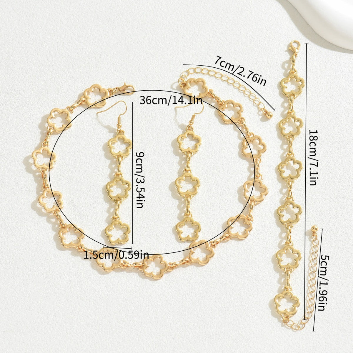 Flora set size guide — 36cm necklace, 9cm earrings, 18cm bracelet